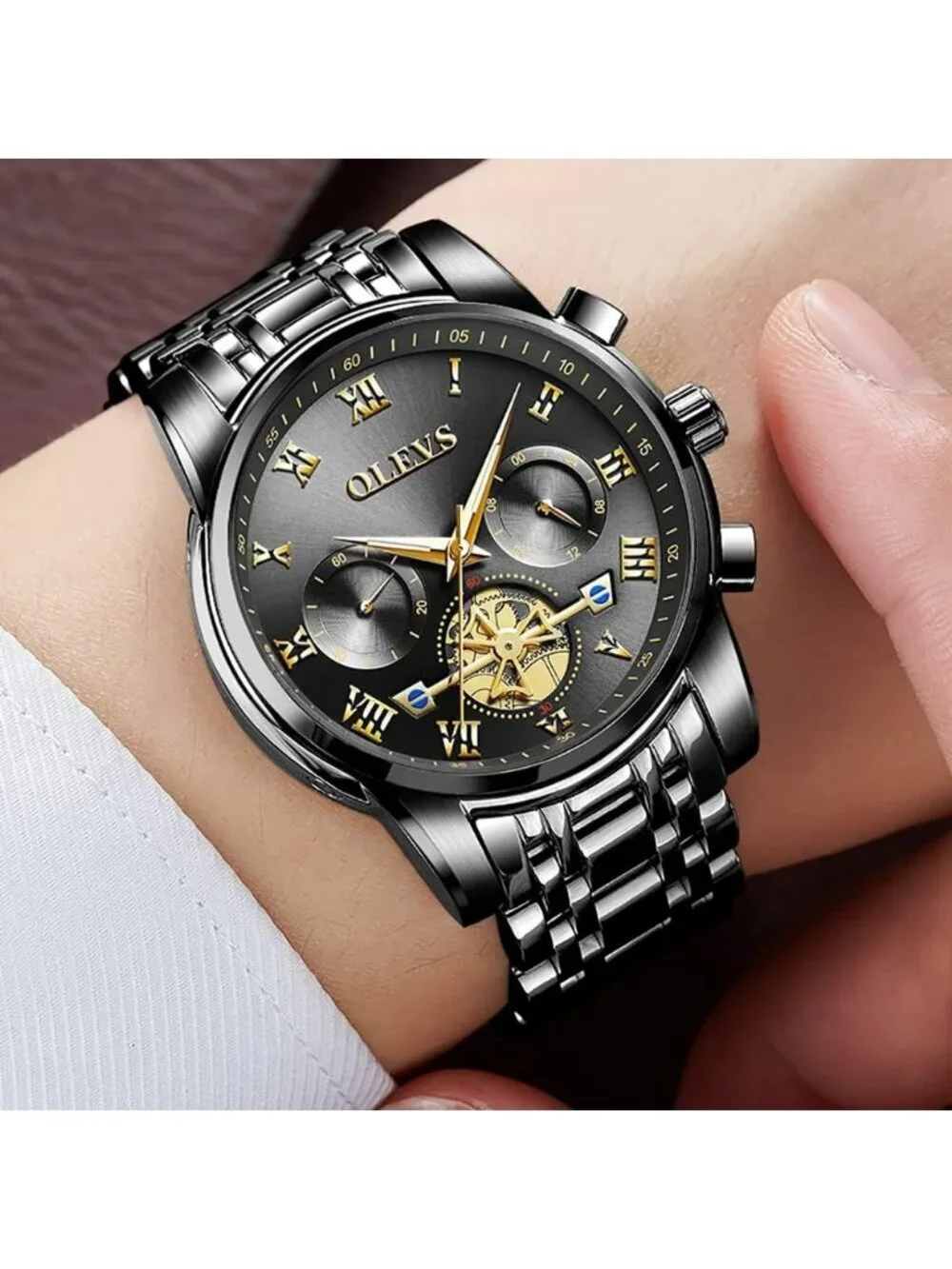 Olevs Men's Black Gold Multifunction Waterproof Luminous Chronograph Wrist Watch